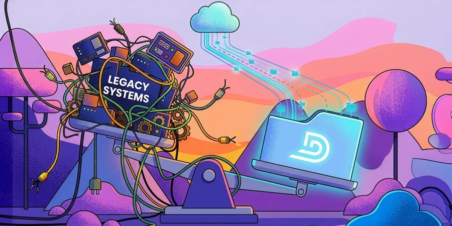 Image of hardware from a legacy DMS on a scale being out weighed by an image of DelaerTeam's cloud DMS