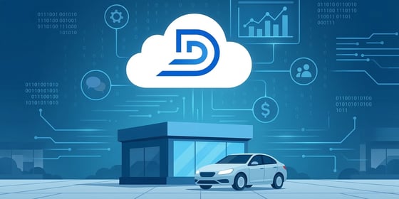 a cloud-based DMS platform above a car dealership, illustrating real-time data flow, dashboards, and interdepartmental connectivity