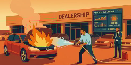 A salesperson struggles to put out a car on fire while the sales manger watches from the background with a can of gas.