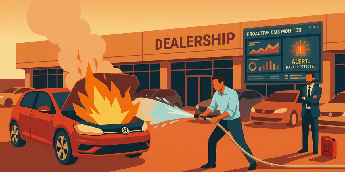 A salesperson struggles to put out a car on fire while the sales manger watches from the background with a can of gas.