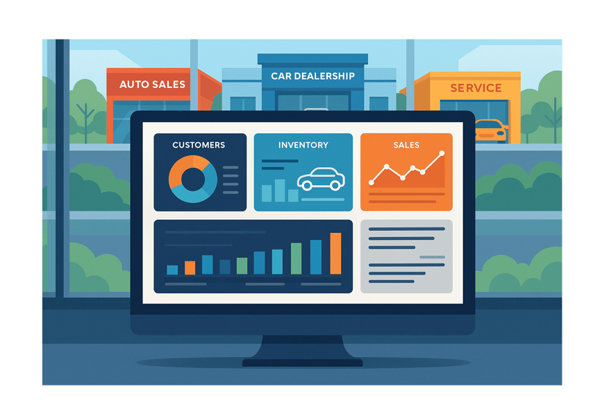 A stylized digital illustration showing multiple car dealerships in different locations, all connected by glowing cloud lines to a single, central digital dashboard in the foreground.