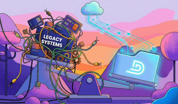 Image of hardware from a legacy DMS on a scale being out weighed by an image of DelaerTeam's cloud DMS