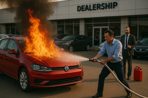 A salesperson struggles to put out a car on fire while the sales manger watches from the background with a can of gas.