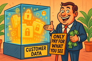 In the background we see a glass box with customer data locked inside. A business man holds a sign that reads Only pay for what you see, with cash in his hand..