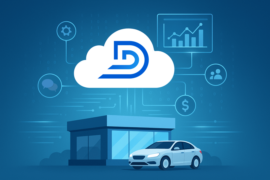a cloud-based DMS platform above a car dealership, illustrating real-time data flow, dashboards, and interdepartmental connectivity