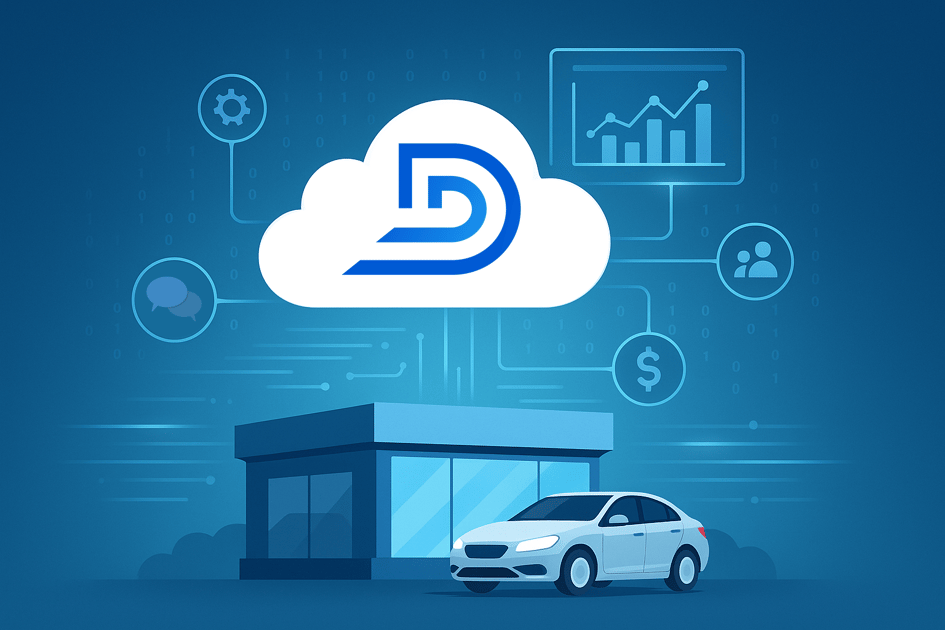 a cloud-based DMS platform above a car dealership, illustrating real-time data flow, dashboards, and interdepartmental connectivity