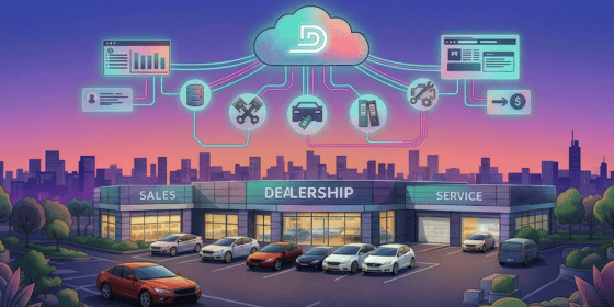 A modern dealership with image of cloud management system hovering in the sky working as a unified DMS