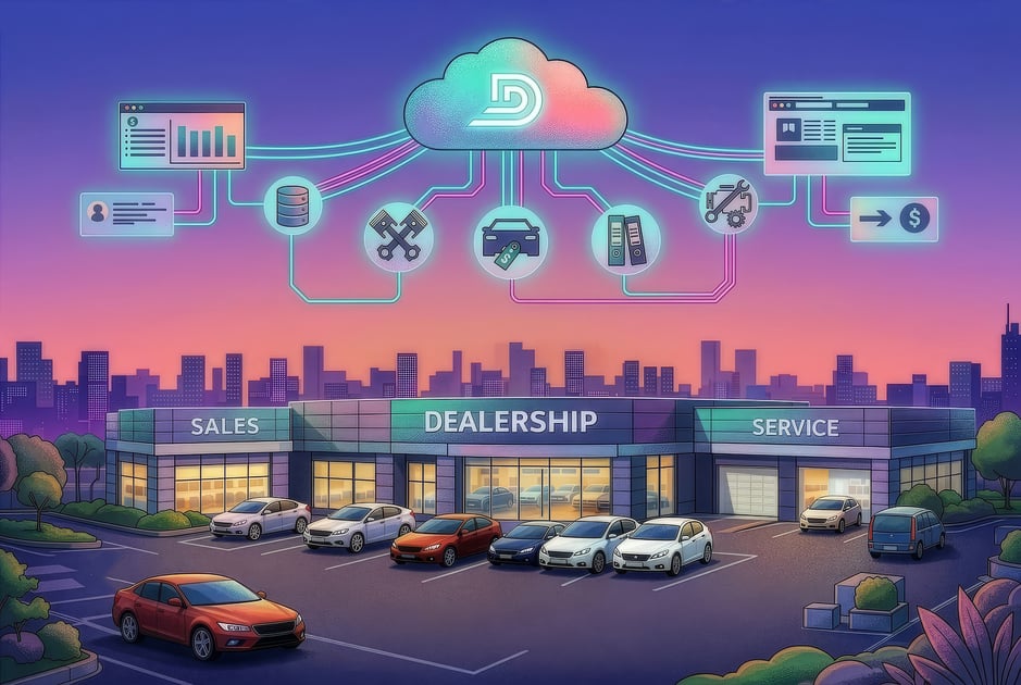 A modern dealership with image of cloud management system hovering in the sky working as a unified DMS